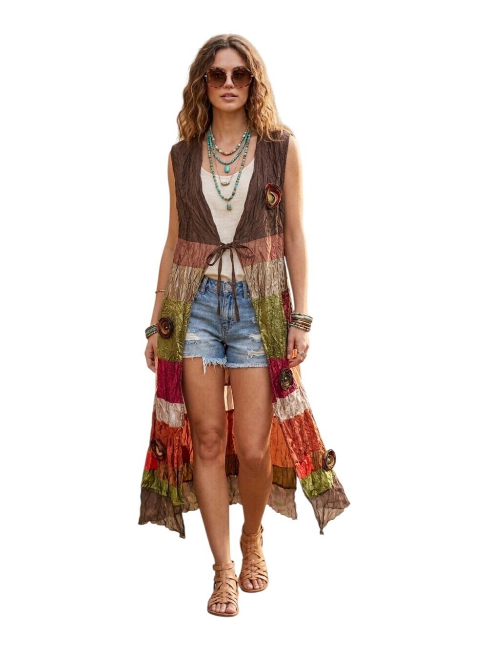 Hadassa Boho Patchwork Crinkle Duster Vest Rose Accents Earth Tones M/L